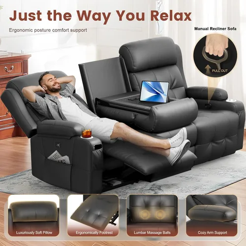 Vista 151 de Sofá de Dos Plazas Reclinable, Sofá Reclinable de Masaje con Gran Capacidad de Peso, Silla de Dos Plazas para RV en Liquidación con Consola, USB