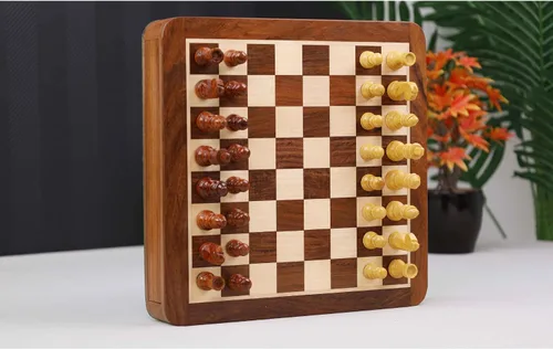 Vista 2 de RoyalChessMall- Juego de ajedrez magnético de viaje con cajón, 10 pulgadas, madera de palisandro dorado