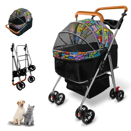 Vista 9 de Carriola de mascotas con canasta de almacenamiento y portavasos, cochecito plegable para perros, carriola plegable para gatos, carrito 3 en 1