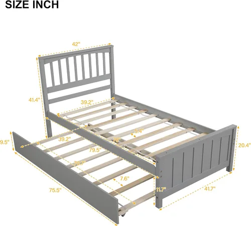 Vista 2 de Harper & Bright Designs Cama de tamaño individual con nido, cama de plataforma de madera con cabecero, marco de cama para niños con soporte
