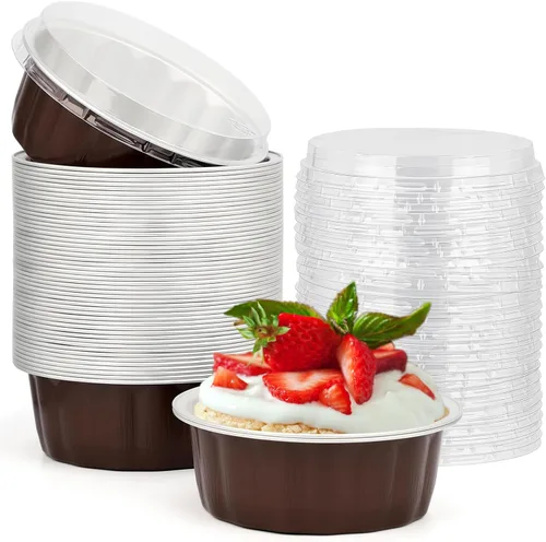 Vista 25 de Beasea Disposable Ramekins with Lids, 50 Pack 8oz 235ml Aluminum Foil Baking Cups with Lids, Aluminum Creme Brulee Ramekins Muffin Cupcake Pudding