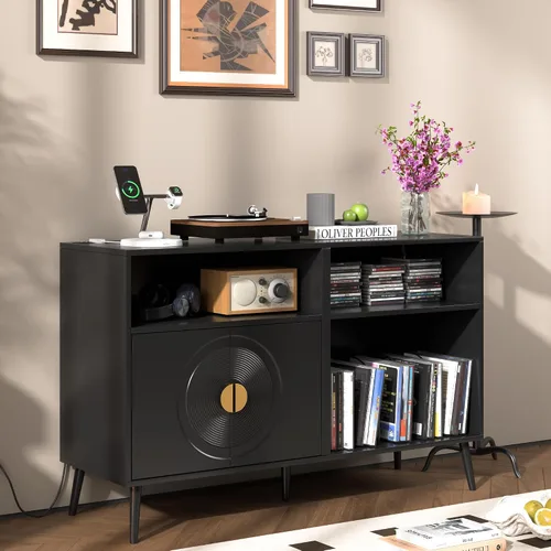 Vista 4 de Fiogmub Soporte grande para tocadiscos, soporte giratorio de mediados de siglo con puerta, mesa para tocadiscos con capacidad para hasta 350
