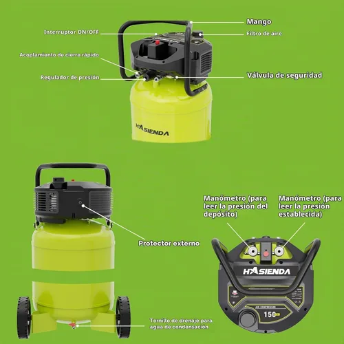 Vista 4 de Compresor de aire de taller de 20 galones, 150 PSI máx, compresor vertical sin aceite para garaje y hogar, con un motor sin escobillas de larga