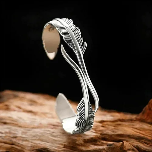 Vista 4 de Pulsera de plumas de plata Lucky Hope Cuff Jewelry Simple Retro para mujeres y hombres