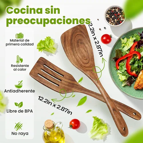 Vista 4 de AIUHI 2 espátulas de madera, mango largo de madera de teca, espátula plana para freír, utensilios de cocina antiadherentes para cocina