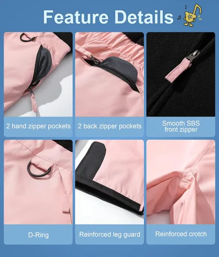 Vista 6 de Pursky Pantalones de nieve para niños, baberos de esquí de invierno para niña, con aislamiento, impermeables, pantalones de nieve de forro polar