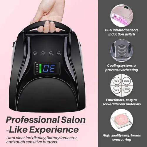 Vista 2 de Lámpara de uñas UV inalámbrica de 52 LED, alta potencia de 96 W, base de espejo magnético, luz de pulgar, 4 temporizadores, sensor automático