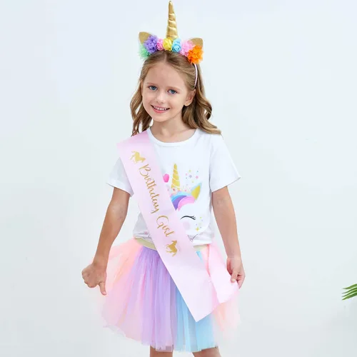Vista 5 de Diadema de unicornio camiseta vestido tutú y banda de satén Traje de fiesta de cumpleaños de unicornio para niñas