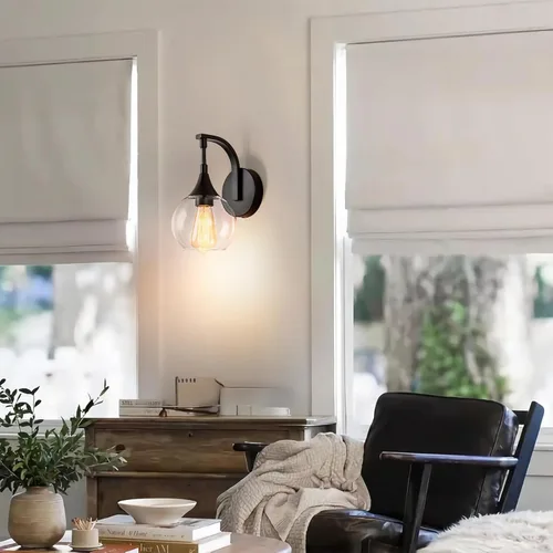 Vista 5 de Juego de dos apliques de pared negros, lámpara de pared moderna con pantalla de vidrio transparente, accesorios de iluminación de tocador de baño