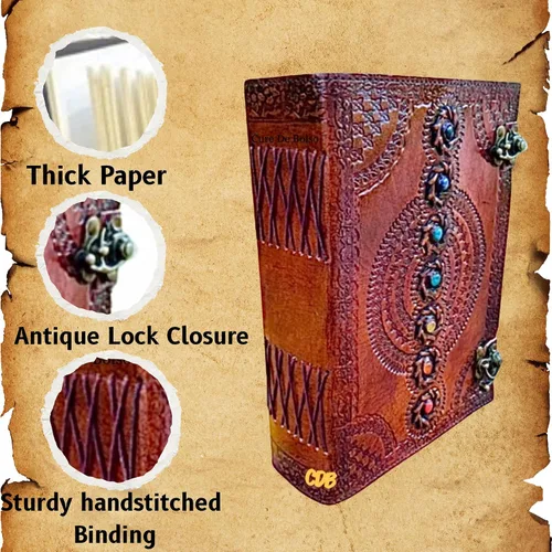 Vista 2 de Diario de cuero de 560 páginas, diario de cuero de siete chakras, cuaderno de cuero con piedras, diario de escritura hecho a mano, libro de sombras
