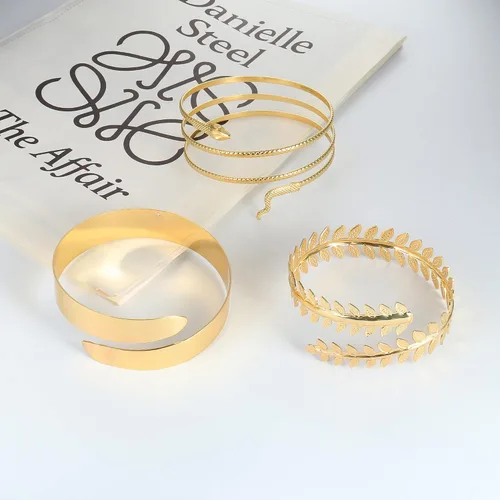 Vista 6 de Jstyle 6 piezas de brazalete de brazo dorado para mujer, minimalista, simple serpiente, brazalete ajustable, disfraz griego, accesorios de boda