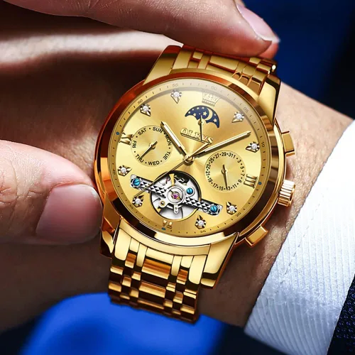 Vista 4 de OLEVS Men Automatic Watch Skeleton Moon Phase Dial Luxury Dress Stainless Steel Strap 5 Hands Diamond Men Wrist Watches