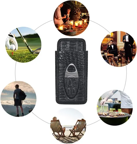 Vista 5 de Funda de cuero para cigarros, humidor de cigarros portátil de 3 dedos, funda para cigarrillos, tubo de cigarros de viaje con cortador de acero