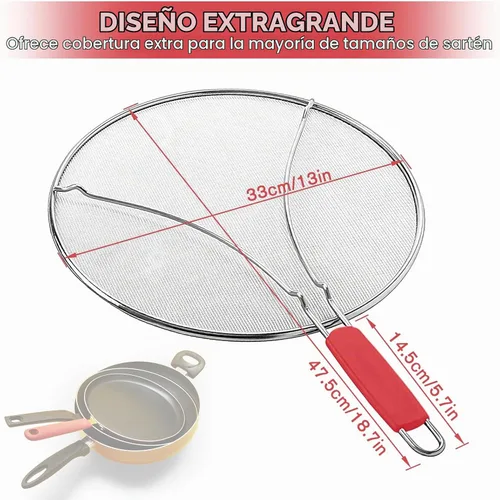 Vista 2 de Pantalla contra salpicaduras para sartén y colador de alimentos, protector de salpicaduras de grasa de acero inoxidable de 13 pulgadas, protector