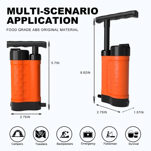 Vista 5 de Bomba de filtro de agua portátil, purificador de agua de supervivencia manual de 0.01 micrones para camping, senderismo, mochilero, emergencia