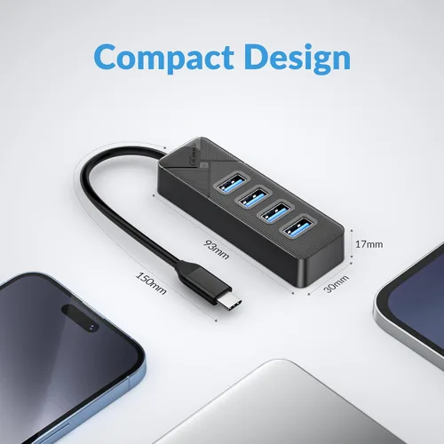 Vista 7 de GiGimundo Hub USB C de 4 puertos para laptop, adaptador multipuerto USB C a USB Hub transferencia de 5 Gbps, divisor USB C para laptop, MacBook Negro