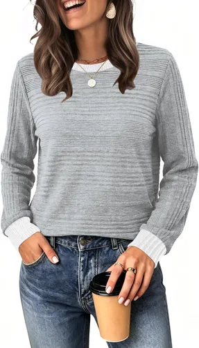 Vista 6 de WIHOLL Camisetas de manga larga para mujer, trajes de otoño, camisas de Caqui
