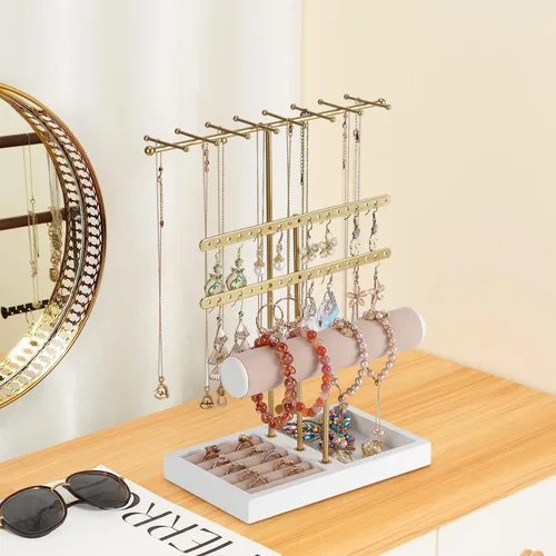 Vista 4 de JAZUIHA Organizador de joyas de 4 niveles dorado con organizador de collares, aretes, pulsera, caja de anillo, colgador para exhibición