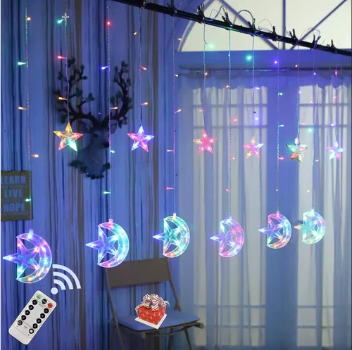 Vista 4 de House Warming & Eid - Tira de luces LED para cortina para interiores y exteriores, estrella centelleante, luna, USB, funciona con pilas, para colgar