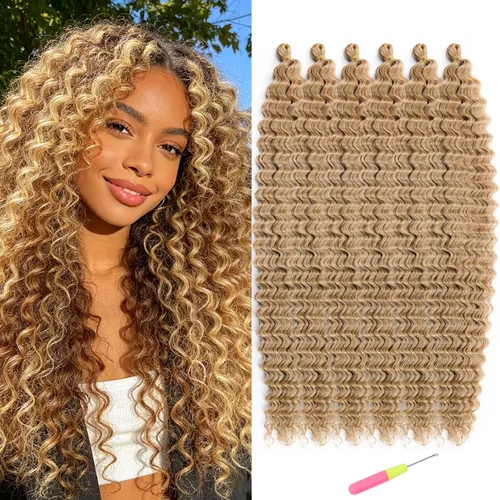 Vista 29 de Extensiones de cabello ondulado con ganchillo Ocean Wave de 18 pulgadas, 6 paquetes, extensiones de cabello de ganchillo sueltas de onda profunda #1B
