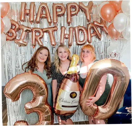 Vista 8 de PartyHooman Decoraciones de cumpleaños número 30 para mujer con banda de cumpleaños número 30 y tiara de diamantes de imitación Globos