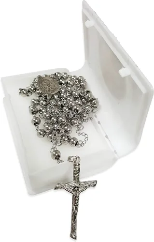 Vista 5 de Rosario católico cuentas collar de oración acero inoxidable San Benito medalla de 28 pulgy 6 mm 24 pulg y 6 mm o 18 pulg y 4 mm