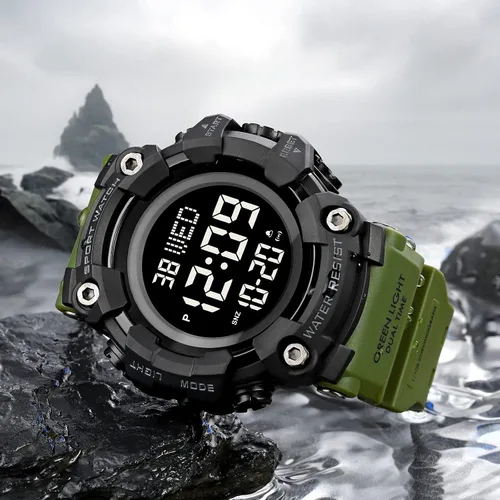 Vista 3 de Fanmis Reloj digital digital multifunción para hombre, electrónico, impermeable, con alarma, reloj deportivo de cuarzo, Azul Patchwork