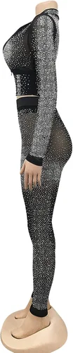 Vista 4 de Conjunto de 2 piezas sexy de malla con diamantes de imitación para mujer pantalones ajustados para fiesta club conjunto deportivo