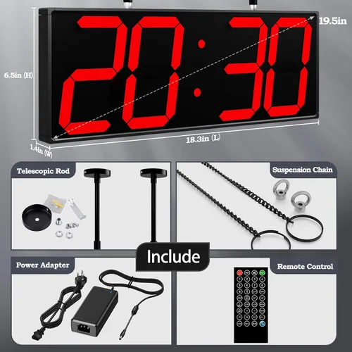 Vista 2 de CHKOSDA Reloj de pared digital grande de 19.5 pulgadas con pantalla de doble cara, reloj digital multifuncional colgante LED con brillo ajustable