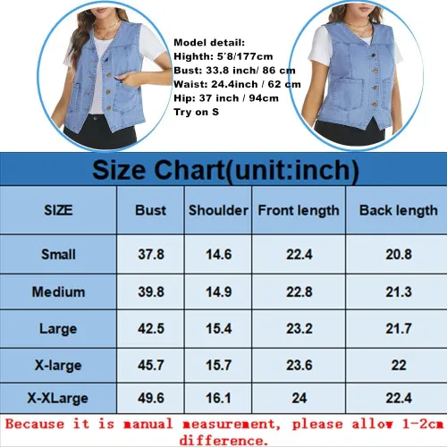 Vista 7 de Kedera Chaleco de mezclilla sin mangas para mujer, cuello en V, abotonado, ligero, chaqueta de mezclilla