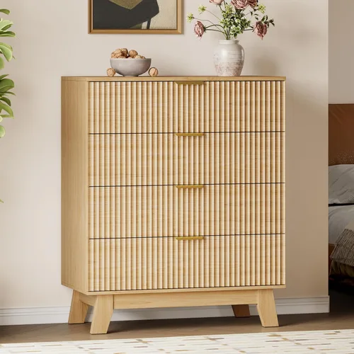 Vista 62 de BORNOON Cómoda acanalada de 3 cajones, 30.3 pulgadas de alto, cómoda bohemia compacta y moderna, armario de almacenamiento de madera