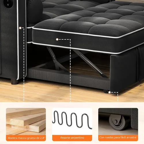 Vista 6 de Pipishell - Sofá cama convertible 3 en 1, sofá cama extraíble para sala de estar con puertos USB y bolsillos laterales, respaldo ajustable, de Negro