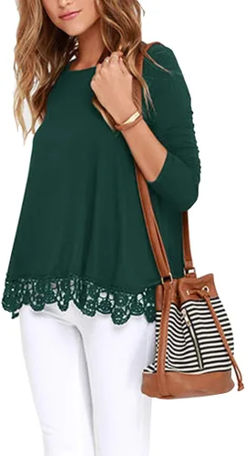 Vista 2 de QIXING Blusa tipo túnica con cuello redondo y ribete de encaje para mujer