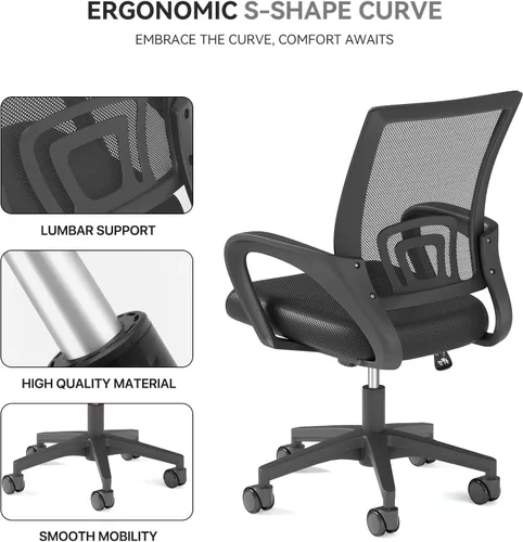 Vista 8 de Silla de oficina ergonómica, silla de escritorio de malla con respaldo medio, silla de computadora, color negro Soporte lumbar, modo oscilante