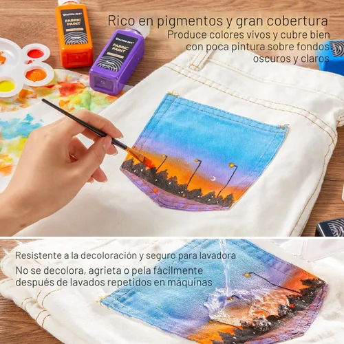 Vista 3 de Shuttle Art Pintura para tela, 18 colores de pintura para tela suave permanente en botellas (60ml/2oz) con pinceles, paleta, plantillas, pintura