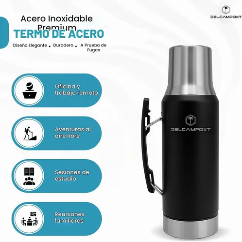 Vista 9 de Mate Thermal Flask Termo con tapa Tapa Vaso – Botella aislada al vacío de acero inoxidable de 1.2L (67.6 onzas), mantiene las bebidas calientes