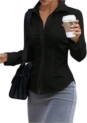 Vista 8 de GORGLITTER Blusa ajustada fruncida para mujer, de manga larga, con cuello, ajustada, para negocios, trabajo, casual, otoño, moda