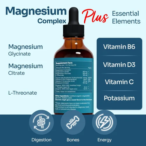 Vista 3 de Magnesium Complex Plus Gotas líquidas de 4 onzas líquidas – Citrato de magnesio avanzado, glicinato, L-treonato con vitaminas B6, D, C suplemento