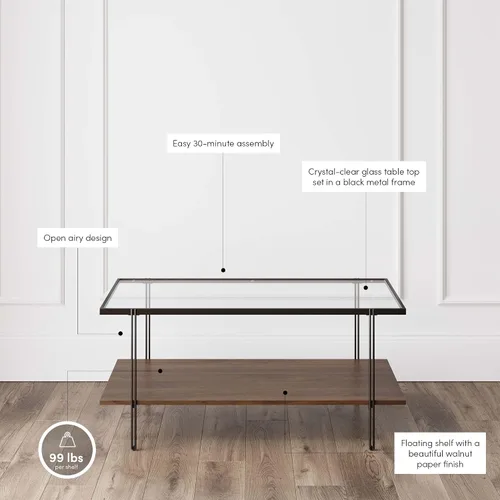 Vista 4 de Nathan James Asher Mid-Century - Mesa de centro rectangular con parte superior de cristal y estante de almacenamiento con acabado de madera con Negro
