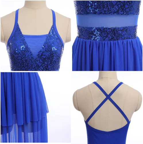 Vista 5 de ODASDO Disfraces de baile lírico para mujer, moderno y contemporáneo, vestido de tul de malla con volantes y lentejuelas cruzadas