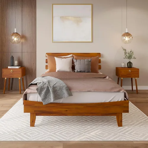Vista 2 de Bme Caden Base de cama de lujo de 15 pulgadas con cabecera ajustable, estilo de mediados de siglo con madera de acacia, no necesita somier, soporte