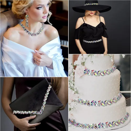 Vista 7 de BBTO Adorno de cadena de diamantes de imitación, adorno de cristal para boda, disfraz de novia, cadena de hojas de flores, costura, adornos