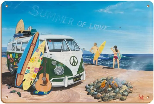 Vista 5 de Pacifica Island Art Summer of Love - VW Van clásica - Tabla de surf de playa - De una pintura original de Scott Westmoreland - Cartel de metal