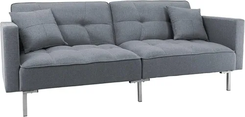 Vista 9 de Sofá cama plegable de tela moderna tapizado de lino con 2 almohadas y marco de metal para espacios pequeños compactos, dormitorio, sala de estar