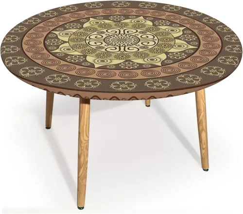 Vista 13 de Mantel redondo de mandala marrón, cocina, comedor o exterior, impermeable y lavable, mantel redondo con bordes elásticos, marrón castaño beige, se