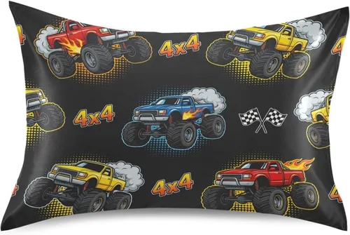 Vista 13 de Fundas de almohada de seda con estampado negro de camión monstruo para cabello y piel, suave, transpirable, suave, refrescante, funda de almohada