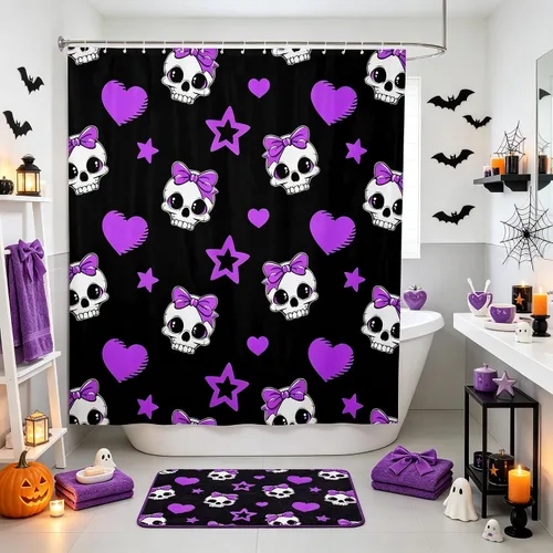 Vista 15 de Happy Halloween Shower Curtain,Bowknot Snowflake Pattern Bathroom Curtains,Sweet Ghost Holiday Theme Waterproof Bath Curtain,Black Bathroom Curtains