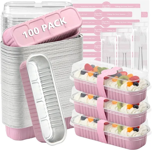 Vista 11 de Ruckae Paquete de 100 Mini Moldes para Pan Mini Moldes para Hornear Pan con Tapas y Cucharas, Moldes de Papel de Aluminio Desechables, Moldes