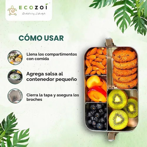 Vista 5 de ecozoi - Lonchera Bento de acero inoxidable con 5 compartimentos para adultos y niños, recipiente de metal a prueba de fugas de 50 onzas con taza