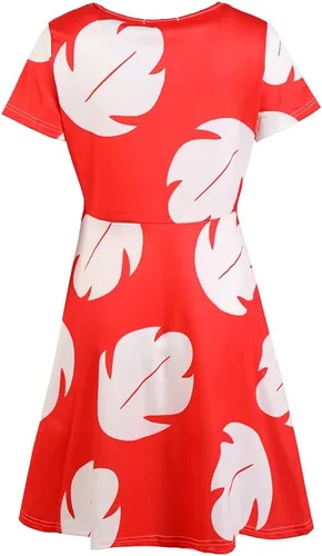 Vista 2 de Vestido de cosplay para mujer, vestido rojo de manga corta hasta la rodilla, casual, diario, fiesta de noche, vestido rojo Lilo, vestido de hoja